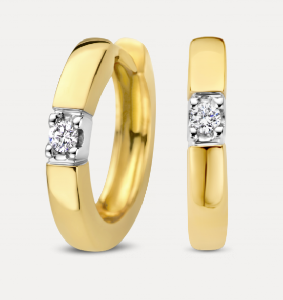 14 KARAAT GEEL- MET WITGOUDEN BICOLOR MEMOIRE OORRINGEN MET BRILJANT.
Schitterende MEMOIRE oorsieraden met briljant geslepen diamanten. Perfect te combineren met MEMOIRE hangers armbanden en ringen.